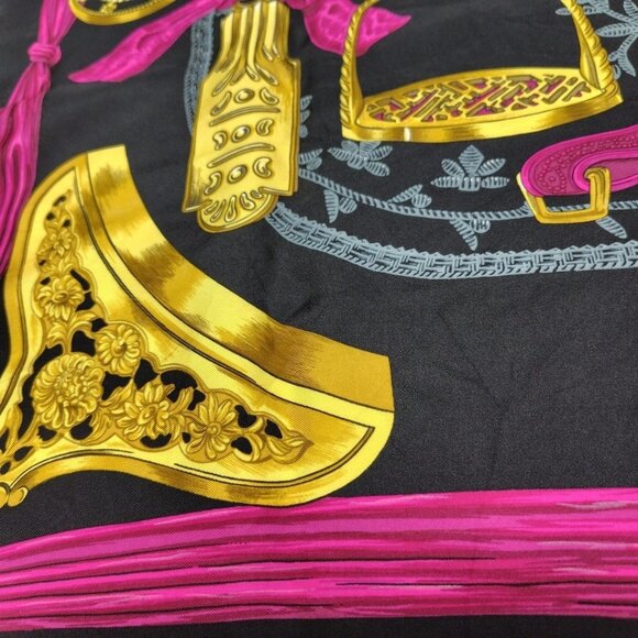 Auth HERMES Carre 90 - Black Gold Pink Silk Scarf - Picture 7 of 12